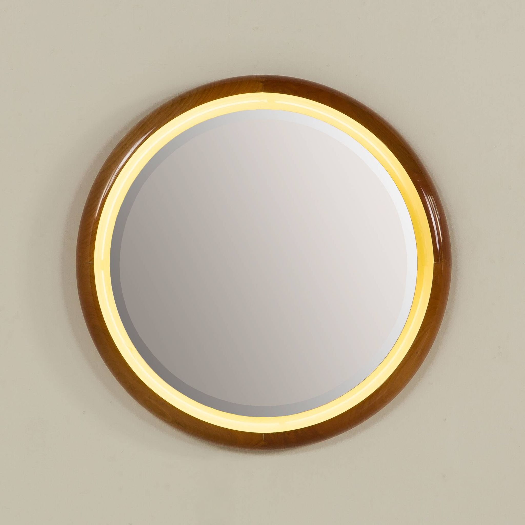 Italian backlit XL mirror in solid cherry wood, 1970s