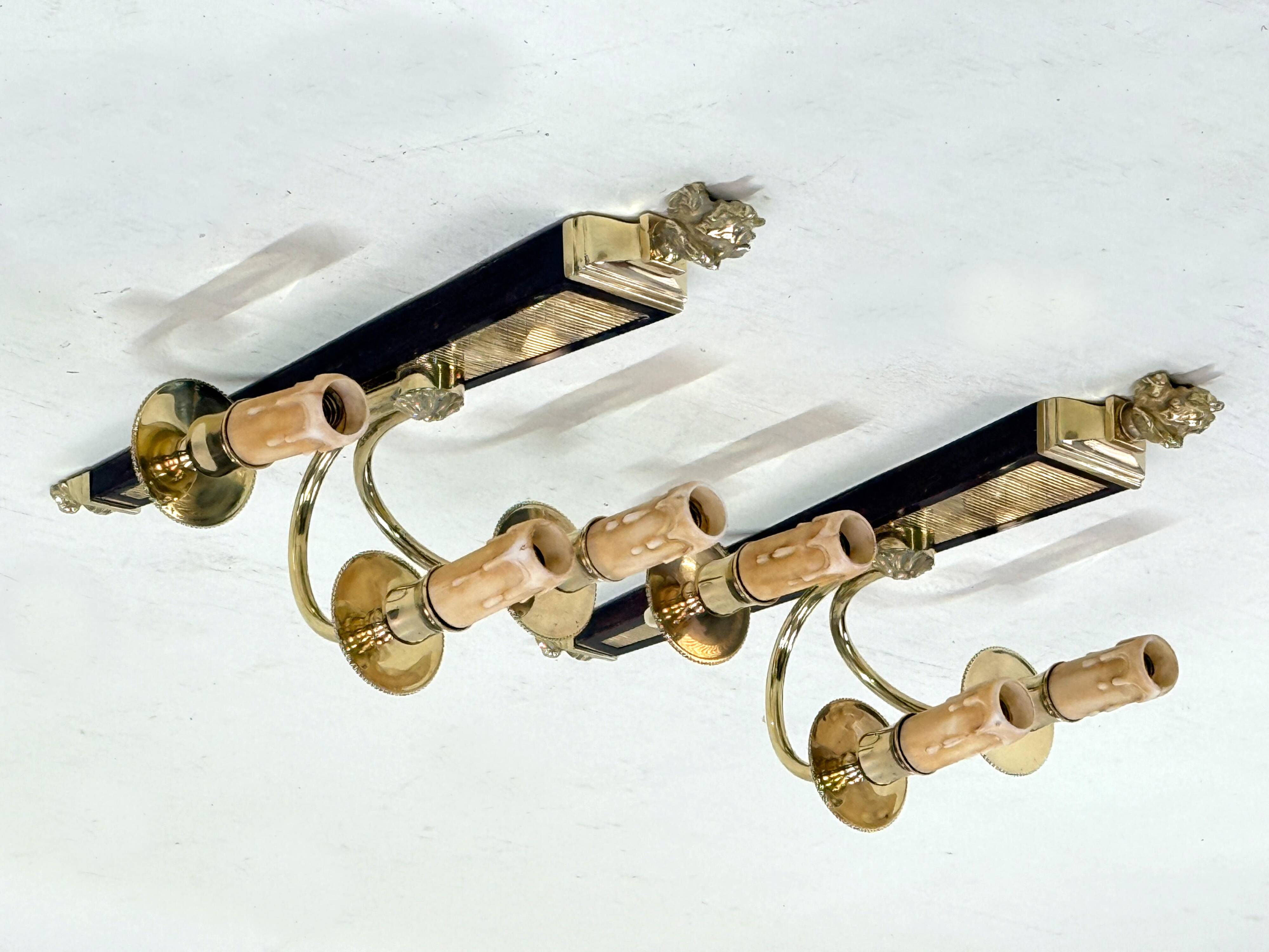 Antique Pair of 3-Light Wall Lights - Gilt Bronze and Mahogany - Neoclassical - 40's