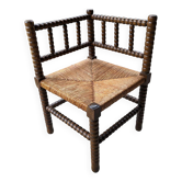 Chaise d'angle en chêne tourné et cannage