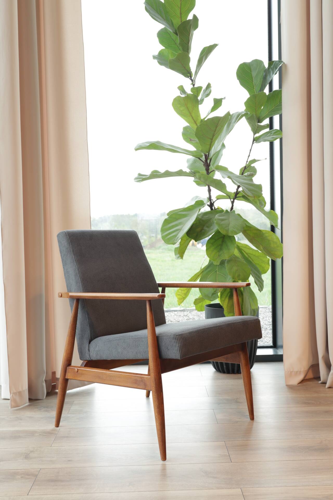 Dark Graphite Corduroy Lounge Chair Vintage Turned Legs Velvet Fabric 