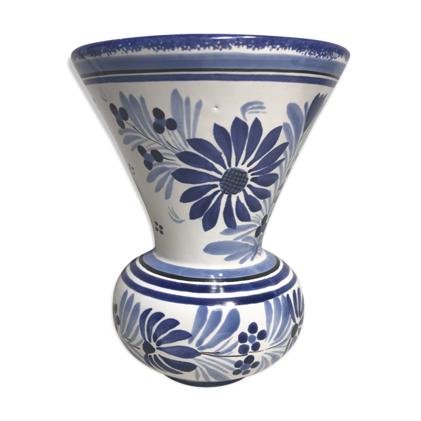 Vase Quimper HB céramique blanc & bleu France décoration vintage
