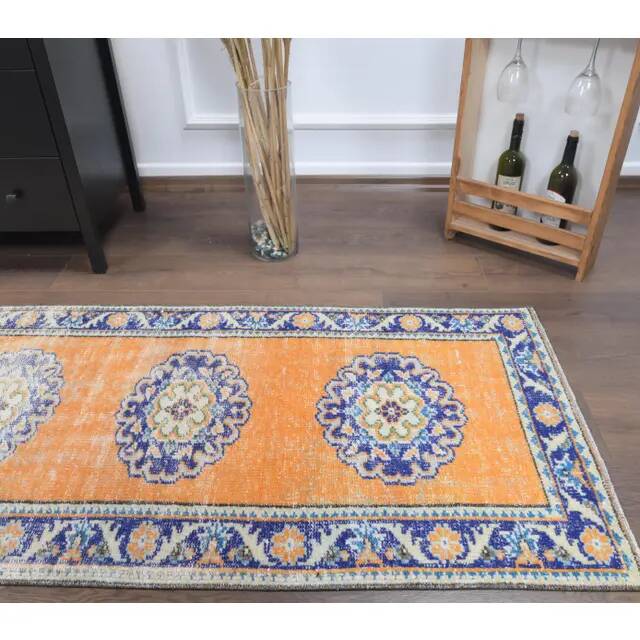 Vintage Turkish Oushak Handmade Wool Cotton Orange Runner 74x325
