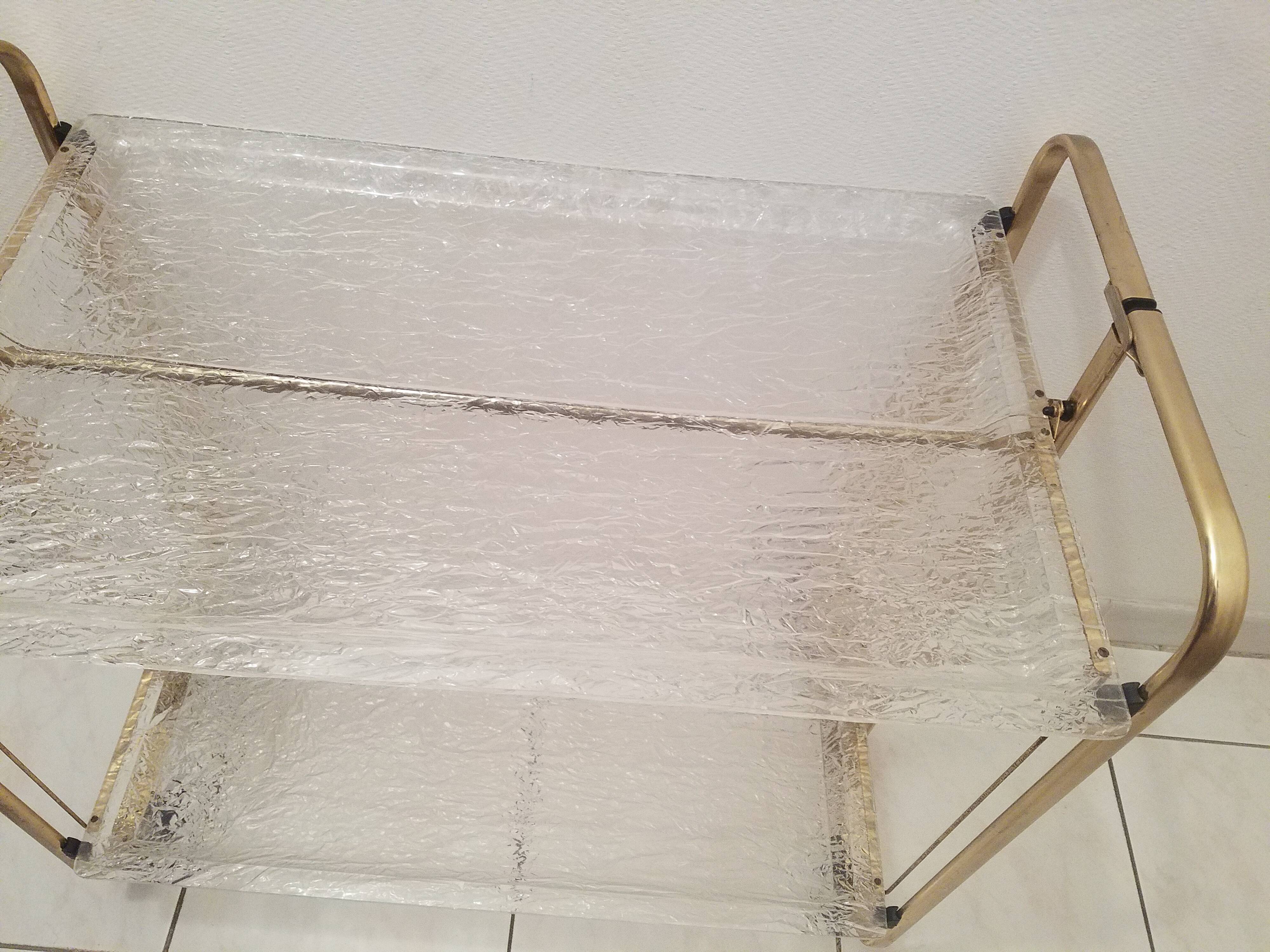 Gold-plated aluminum and structured lucite serving trolley circa 1970