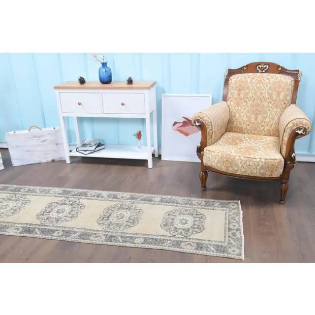 Vintage Turkish Oushak Handmade Wool Cotton Beige Runner 74x285
