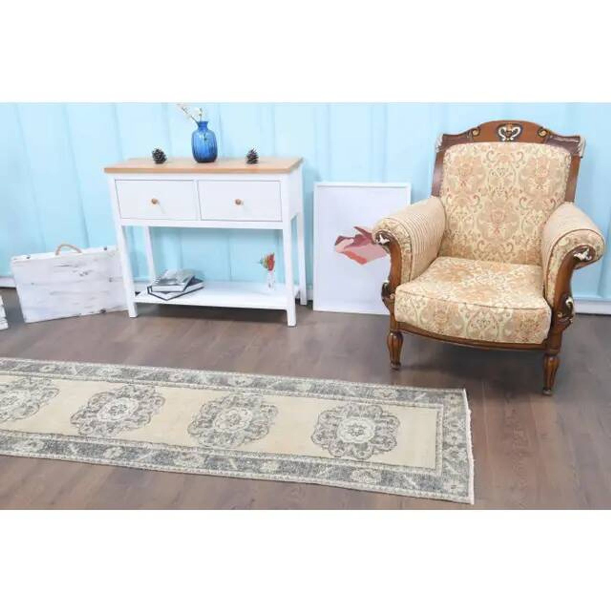 Vintage Turkish Oushak Handmade Wool Cotton Beige Runner 74x285