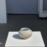 Small white ball vase tight neck in glazed speckled ceramic