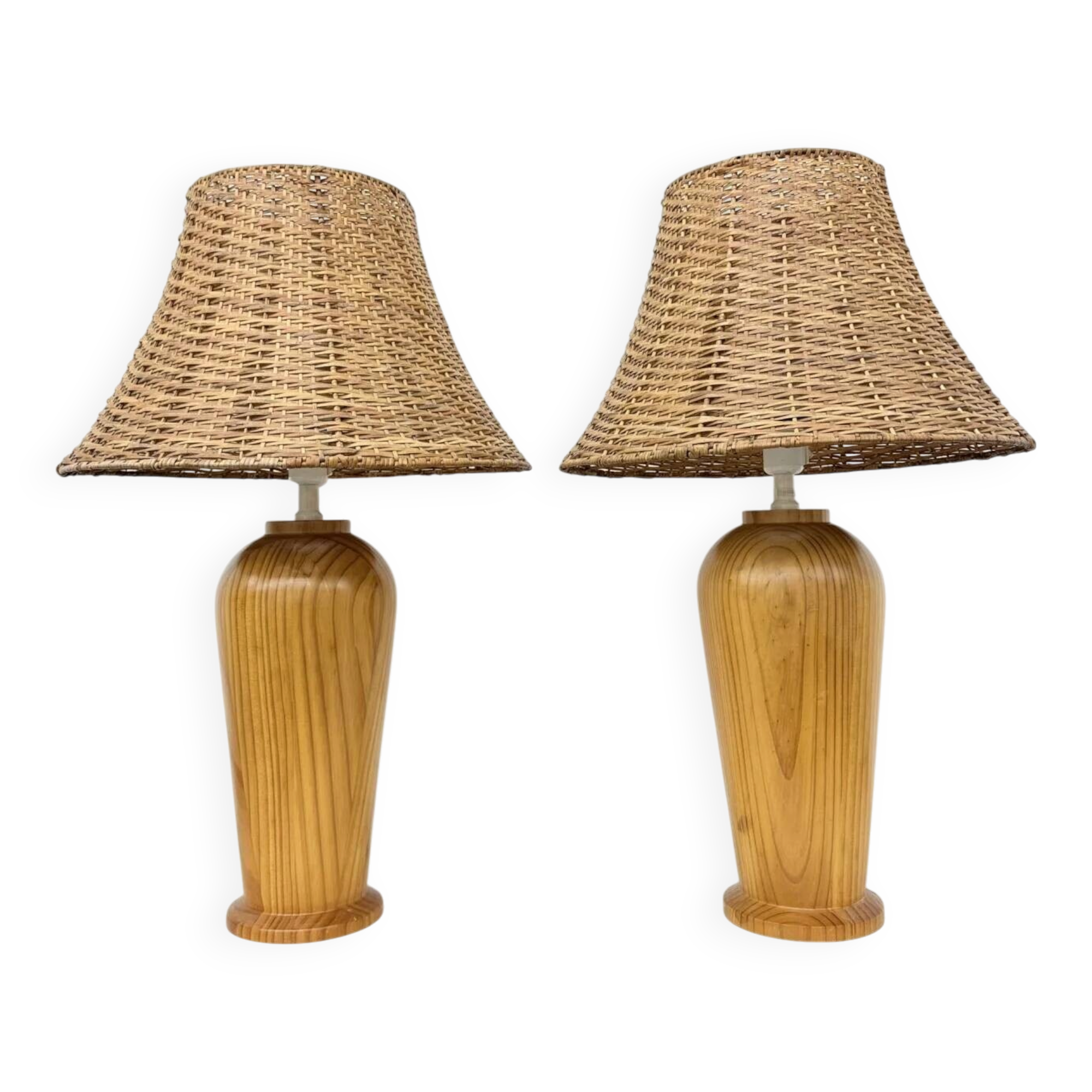 Vintage Ikea solid wooden table lamps with rattan shade, 1980s
