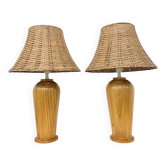 Vintage Ikea solid wooden table lamps with rattan shade, 1980s