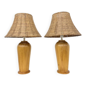 Vintage Ikea solid wooden table lamps with rattan shade, 1980s