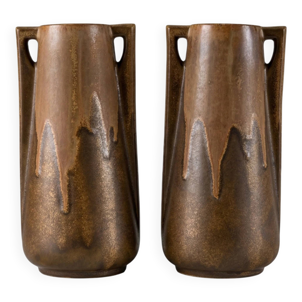 Paire de vases Denbac modèle 244 en céramique française émaillée vintage