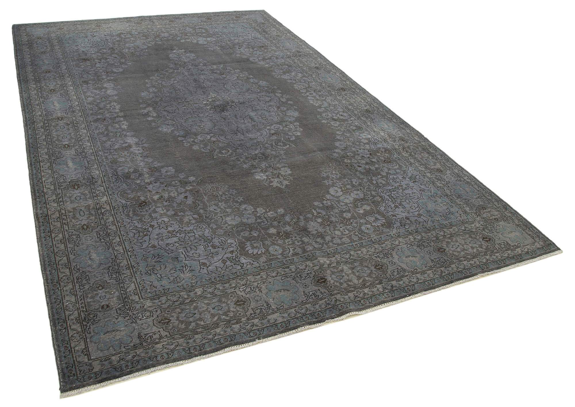Handwoven oriental overdyed 206 cm x 327 cm grey wool carpet