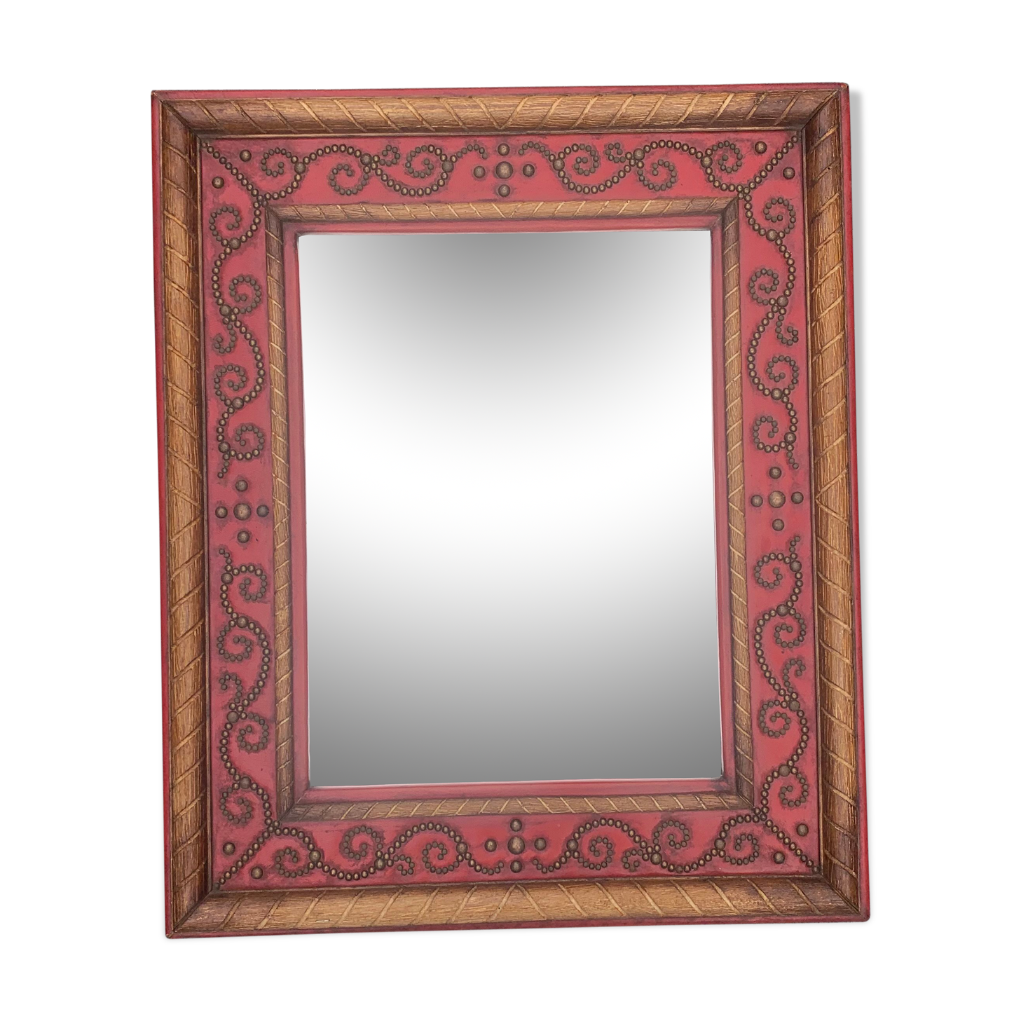 1950 wood and red leather studded mirror