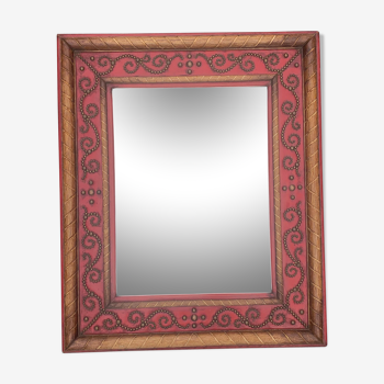 1950 wood and red leather studded mirror