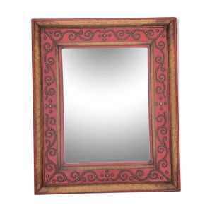 Miroir clouté bois et cuir rouge