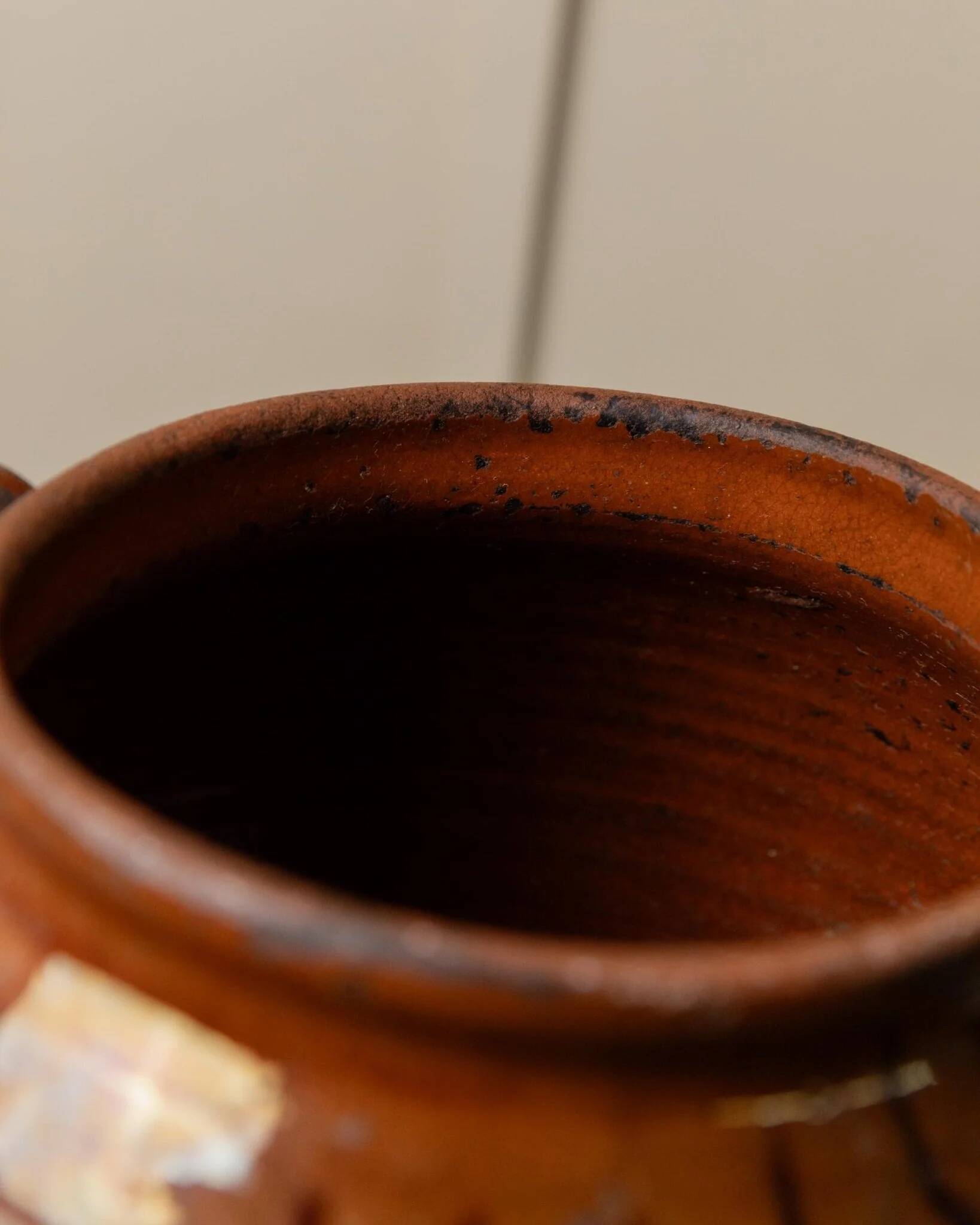 Antique rustic brown terracotta ceramic confit pot with twin handles, 19th-century Italy, farmhouse vase decor