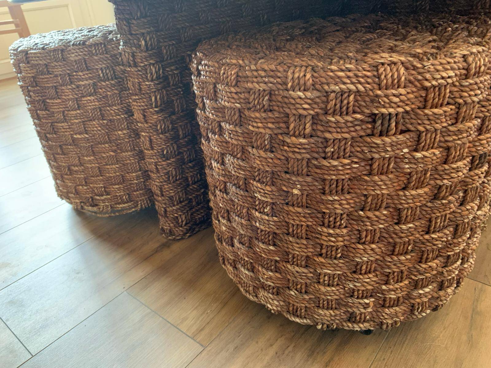 Vintage woven rope and rattan coffee table with 4 stools
