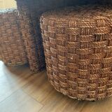 Vintage woven rope and rattan coffee table with 4 stools