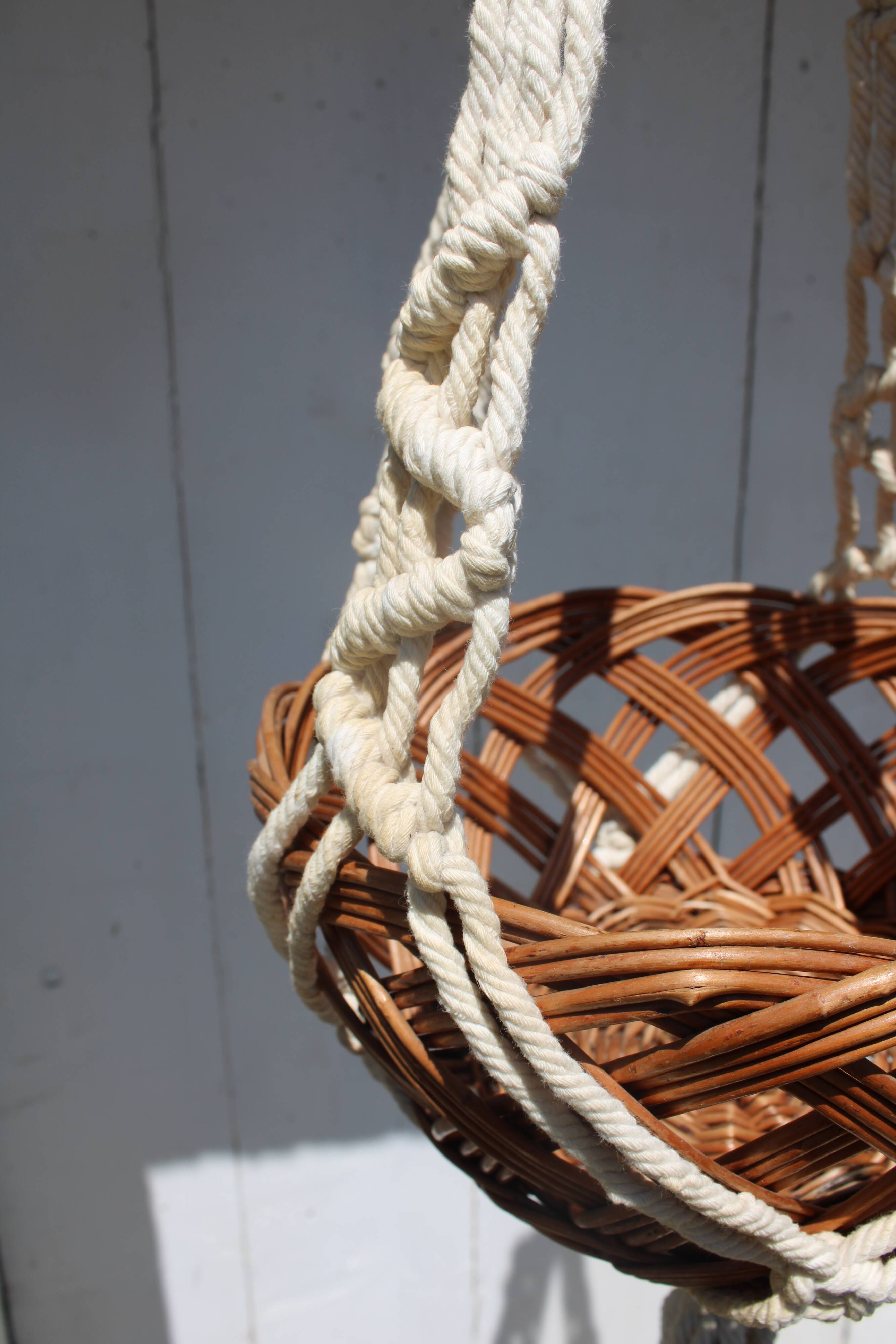Hanging plant holders in macramé and rattan