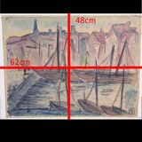 Cubist/Fauvist-style port scene table
