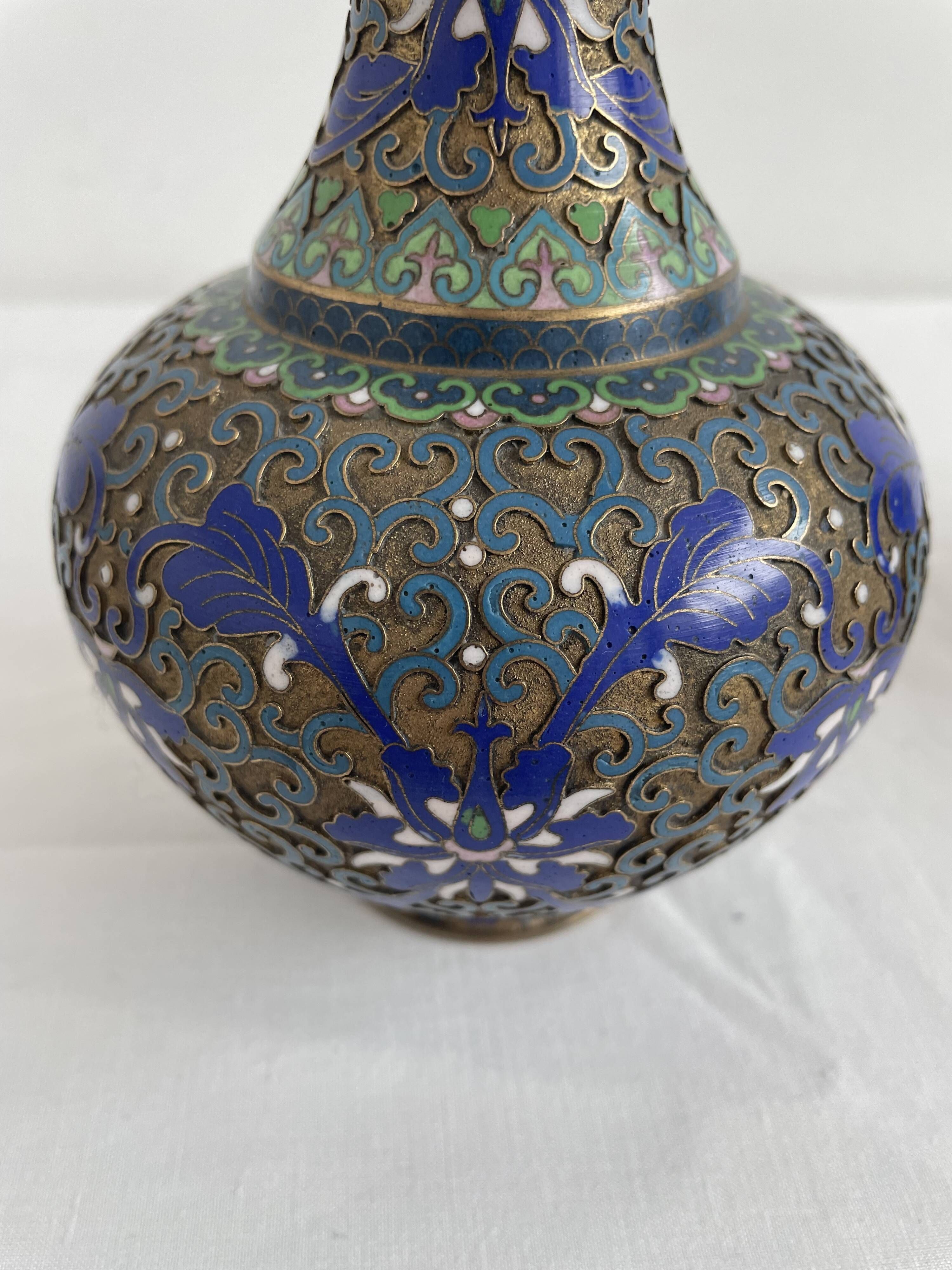 Vintage, pair of vases, Chinese, cloisonné metal, enameled, polychrome floral decor, golden hoop