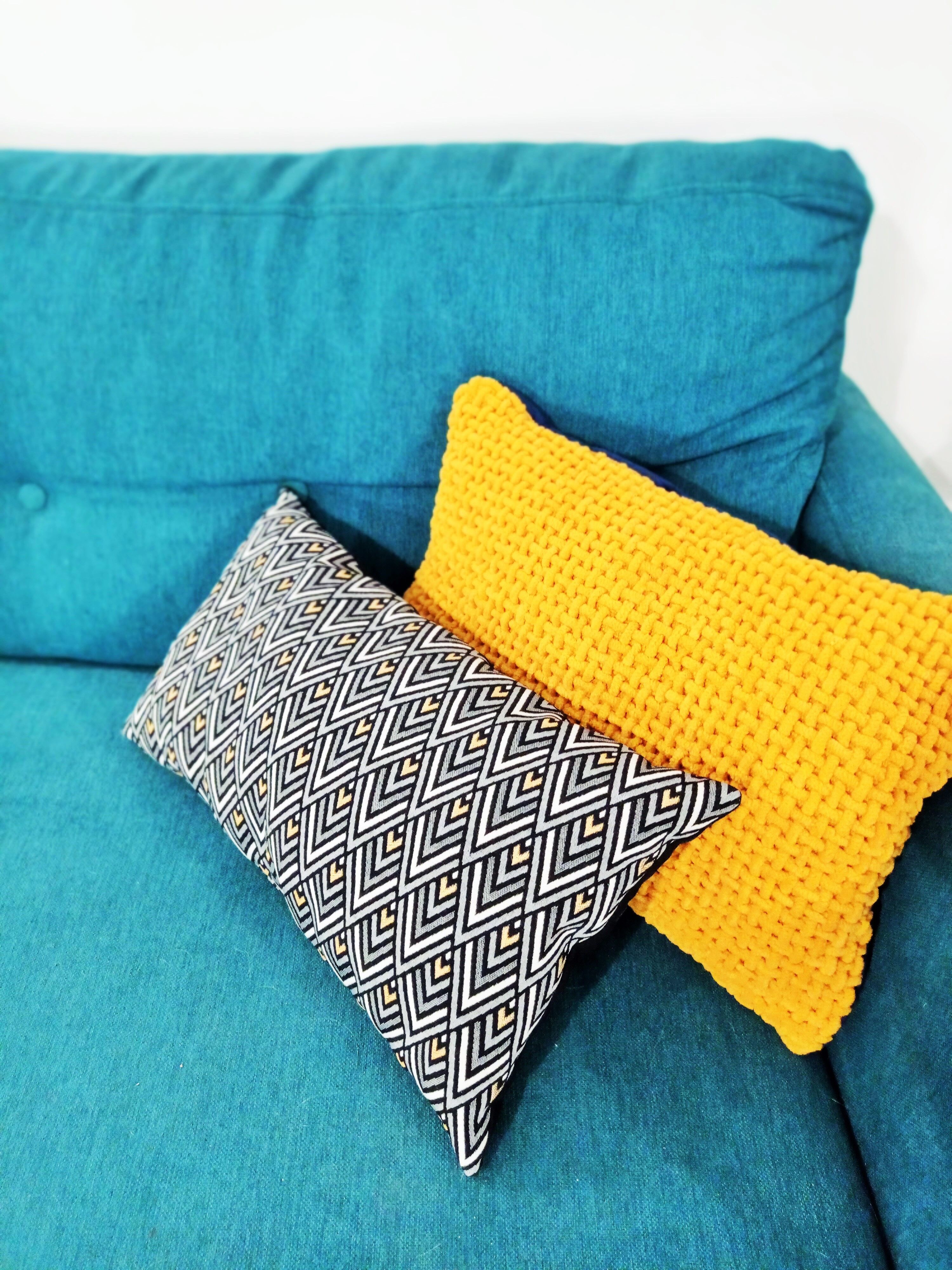 Pair of mustard and ultramarine blue chenille rectangle cushions