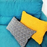 Pair of mustard and ultramarine blue chenille rectangle cushions