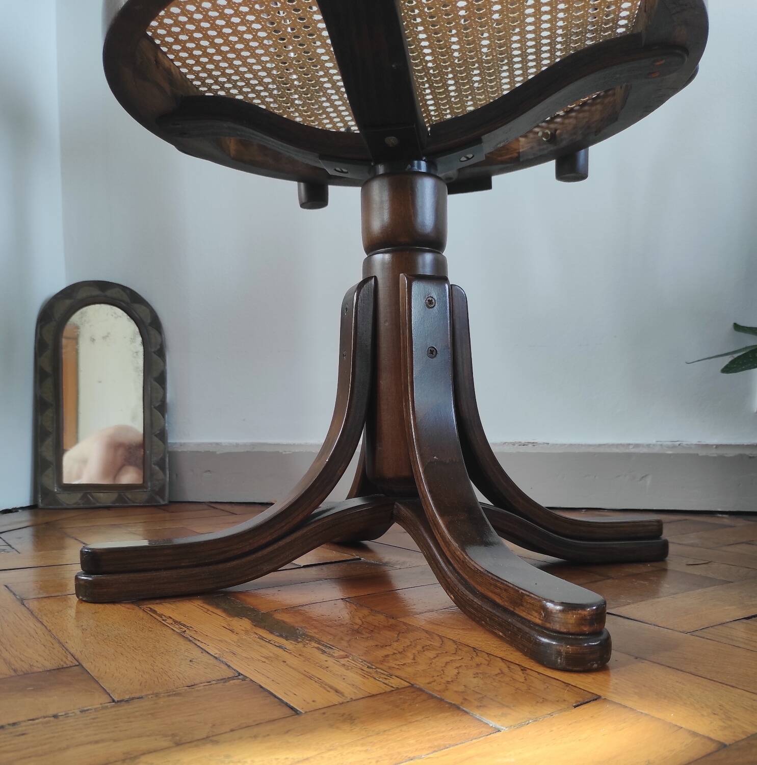Vintage swivel office chair with curved wood and caning (Thonet style)