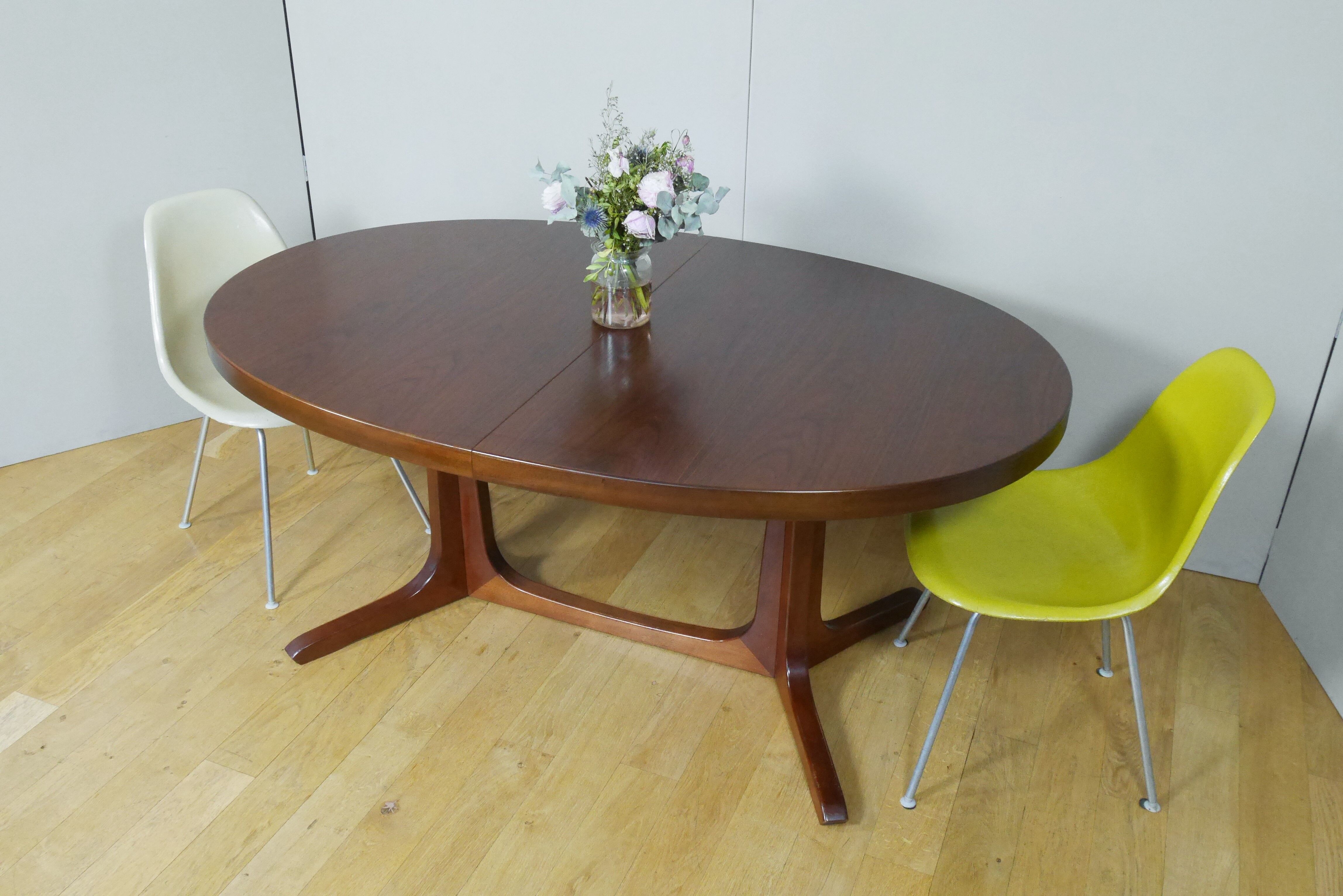 American walnut oval dining table with 2 60s extensions