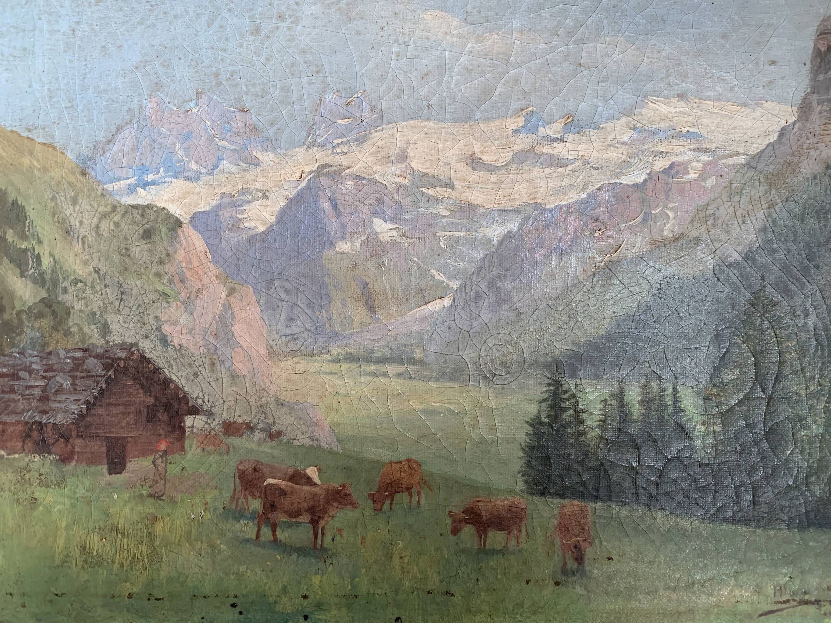 Painting mountain landscape, cows, small cottage...