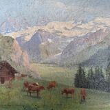 Tableau paysage de montagne vaches petit chalet