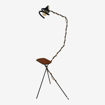 Teak and metal tripod floor lamp