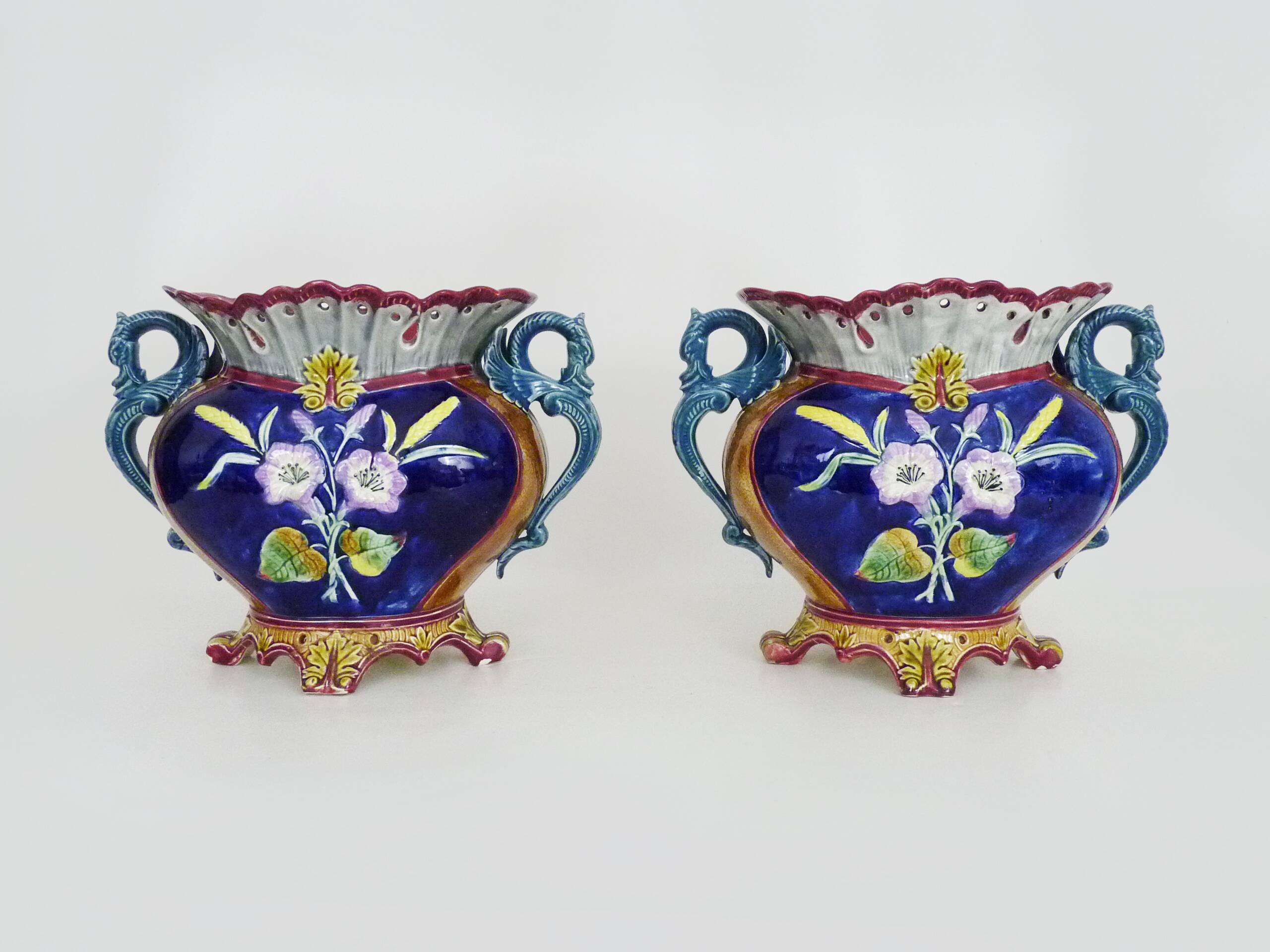 Pair of antique Art Nouveau dragon slip planters