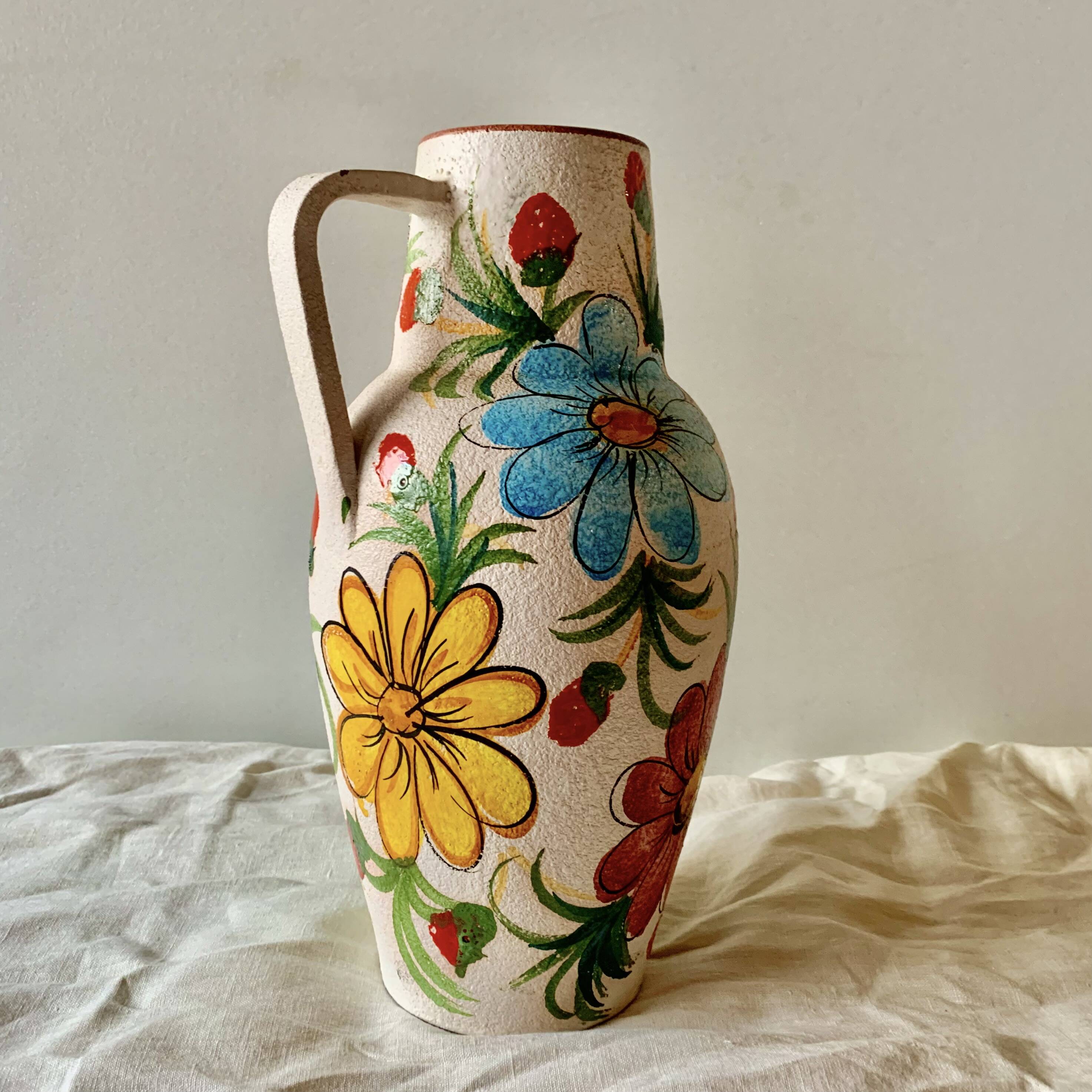 Large vintage ceramic vase - hand-painted floral decoration - Italy