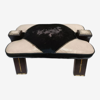 Repose pieds ou chaufferette vintage bois, cuir et peau de vache