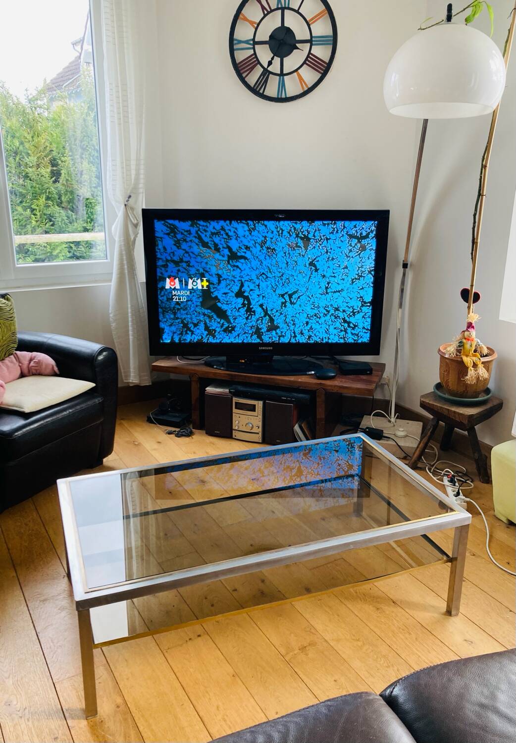 1970s coffee table in brushed metal, brass and smoked glass by Willy R