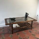 Rattan coffee table and vintage leather link 1970