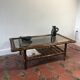 Table basse rotin et lien de cuir vintage 1970