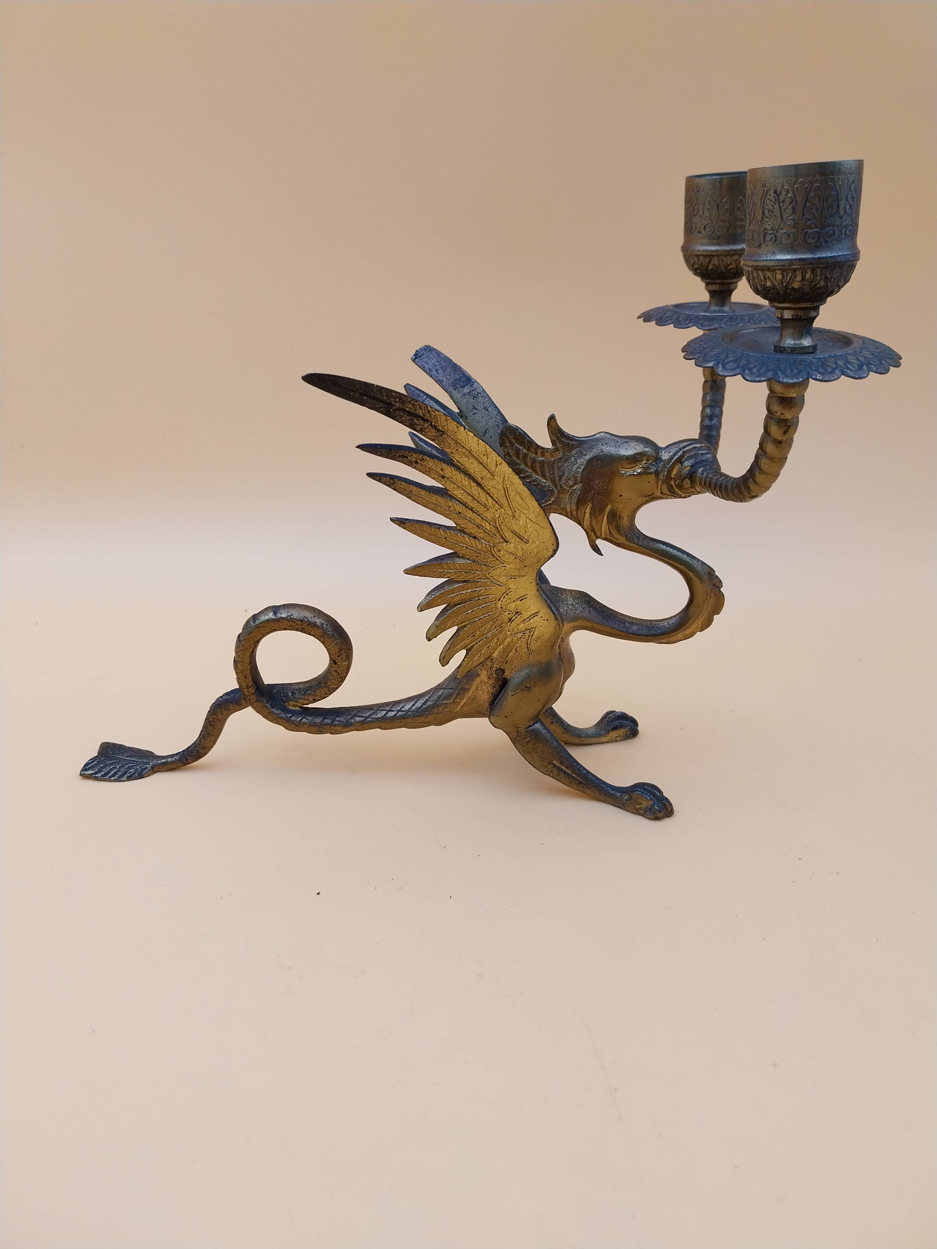 Pair of bronze candlesticks with chimera dragons