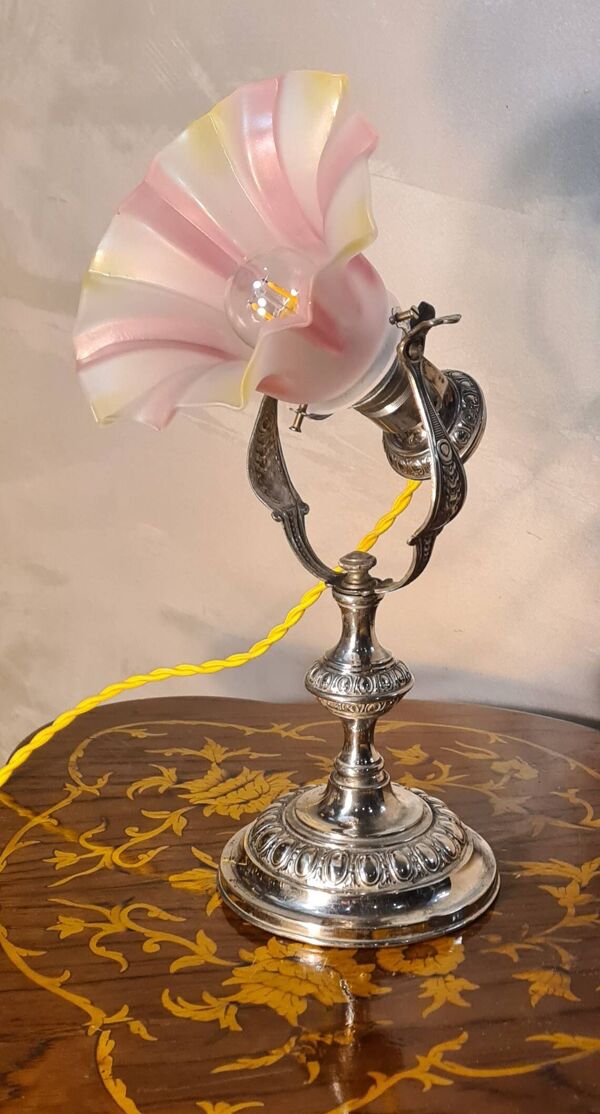 lampe de marine bronze nickelé art nouveau, tulipe opaline tri colors  ,33x