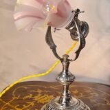 Art Nouveau nickel-plated bronze marine lamp, tri-color opaline tulip shade, 33x