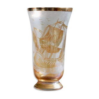 Glass vase signed Nelson sailboat pattern