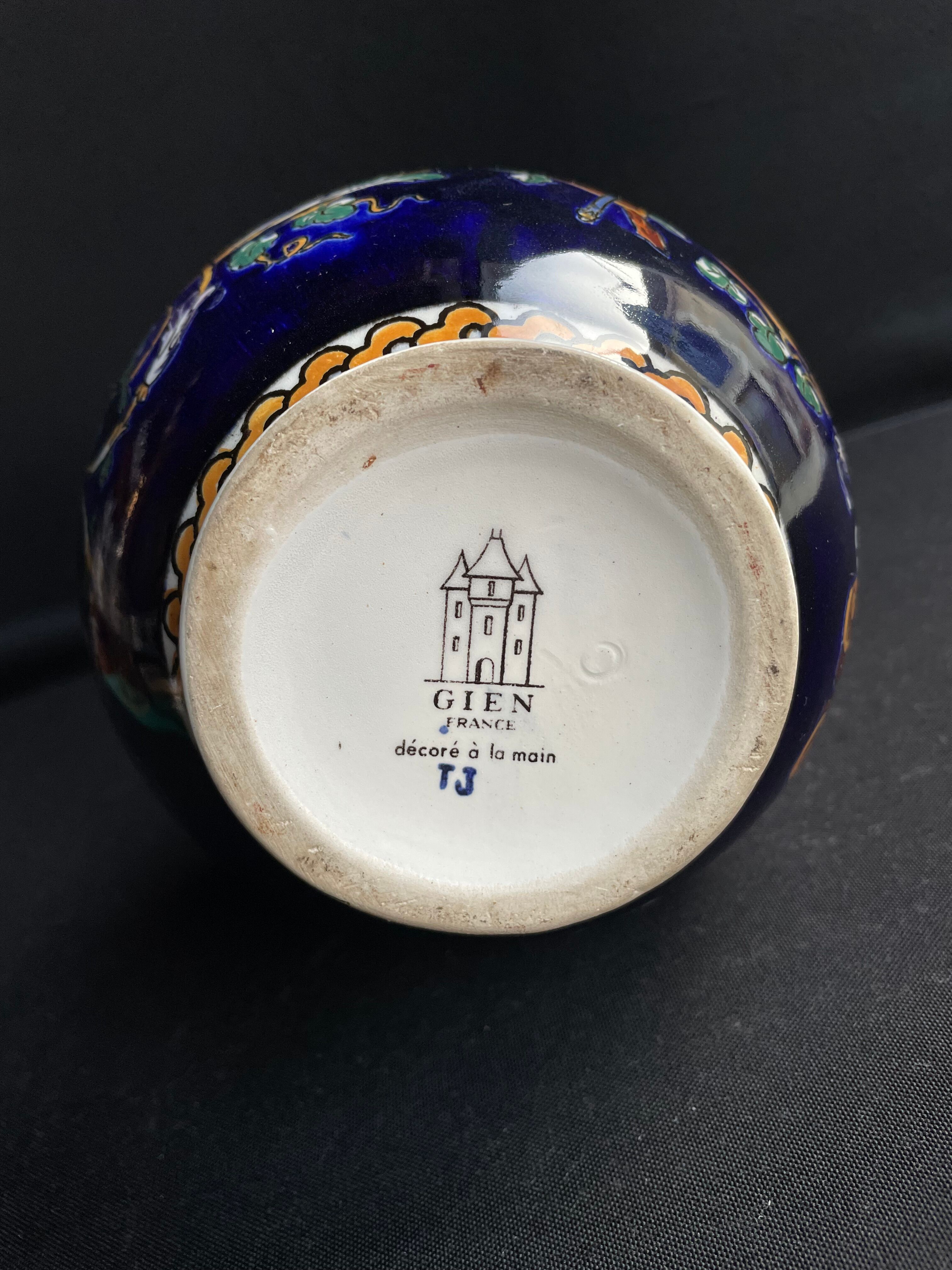 Vase with 2 handles earthenware gien decoration italian renaissance stamped