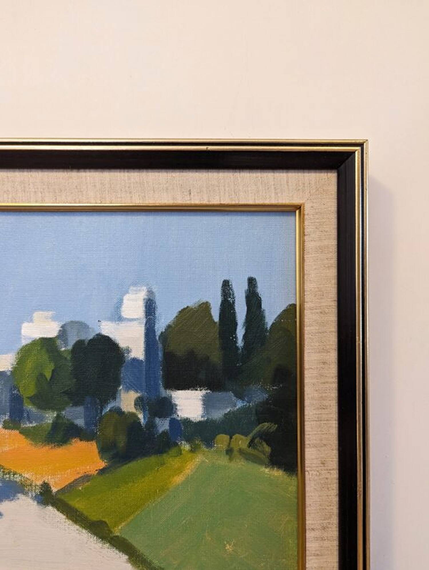 Mid-Century Modern "Rider on the Road" Swedish Vintage Street Scene Oil Painting, Framed