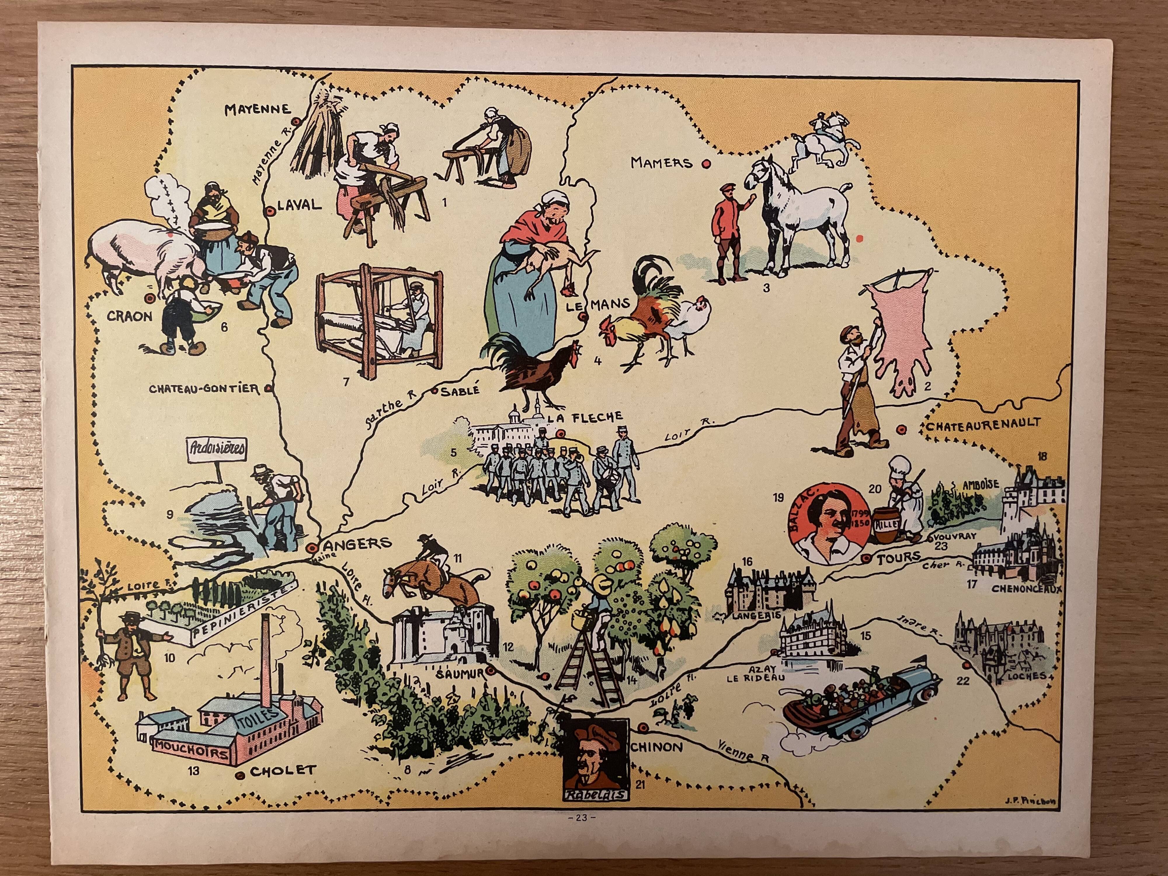 Affiche ancienne carte illustrée régions Mayenne Sarthe Maine & Loire Indre & Loire - JP Pinchon