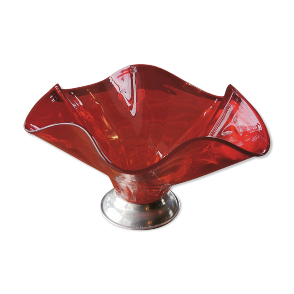 Corbeille tulipe ancienne vintage en verre rouge des années 60