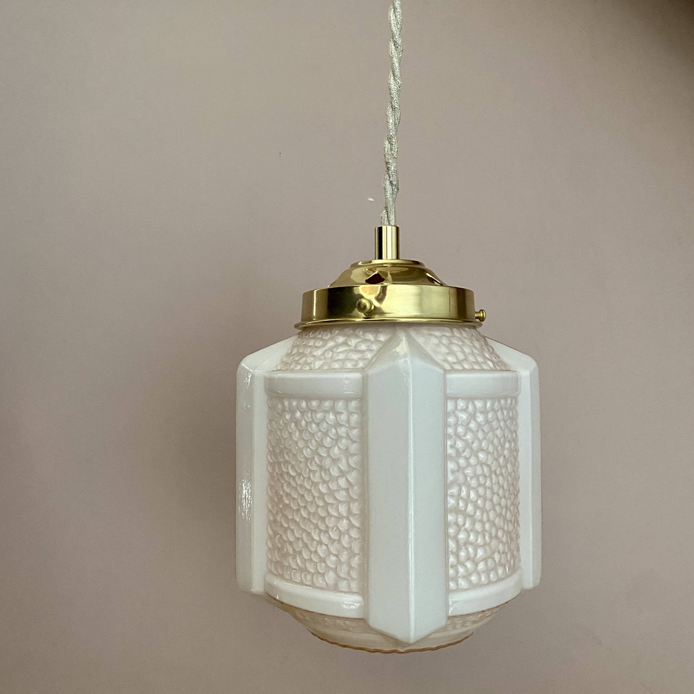 Vintage art deco globe pendant light in pale pink opaline.
