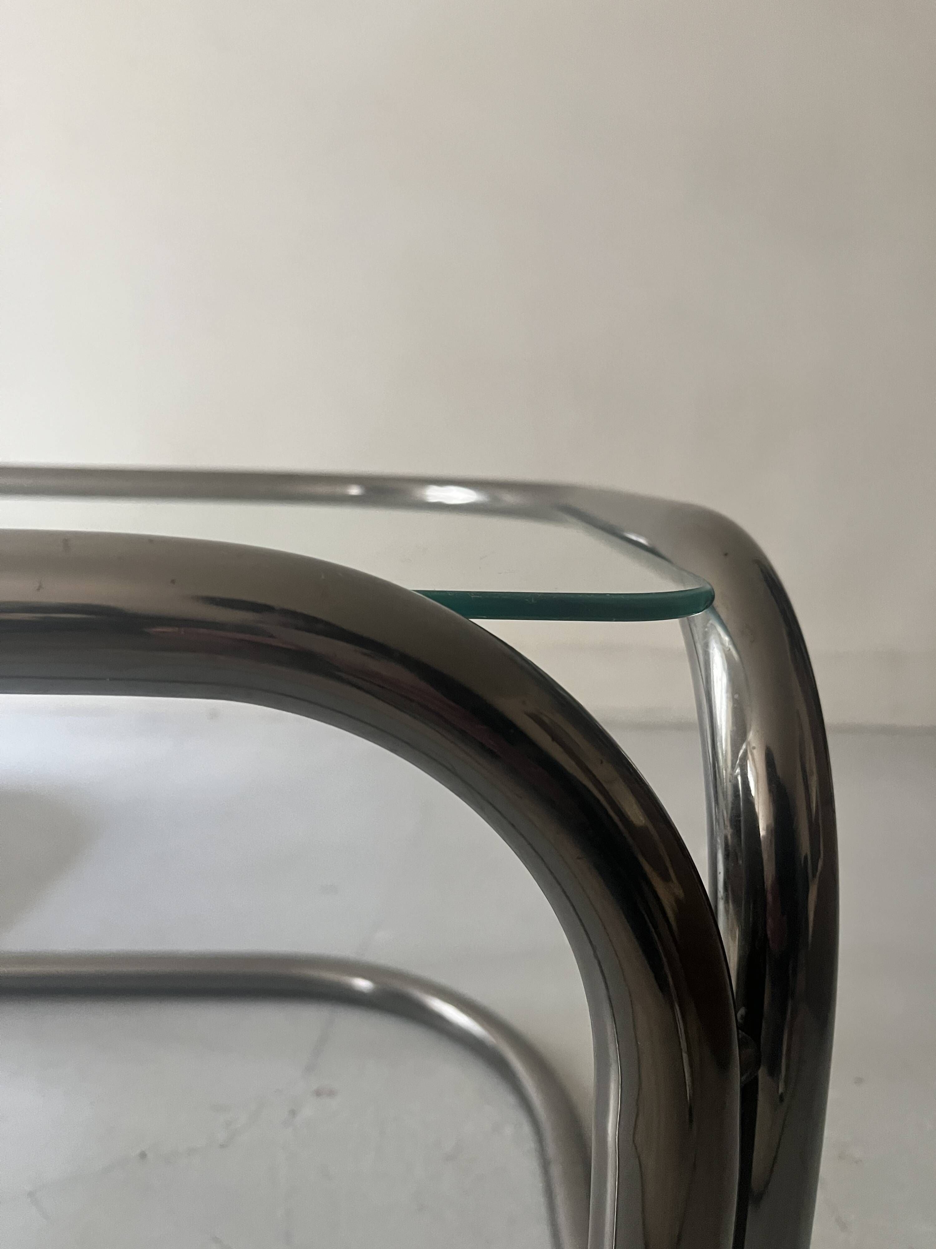 rotating coffee table drop in tubular chrome metal, glass and mirror, design 1970