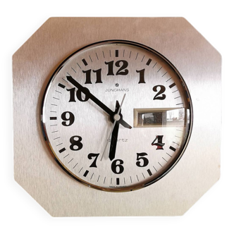 Horloge formica vintage pendule murale silencieuse carrée "Junghans argent"