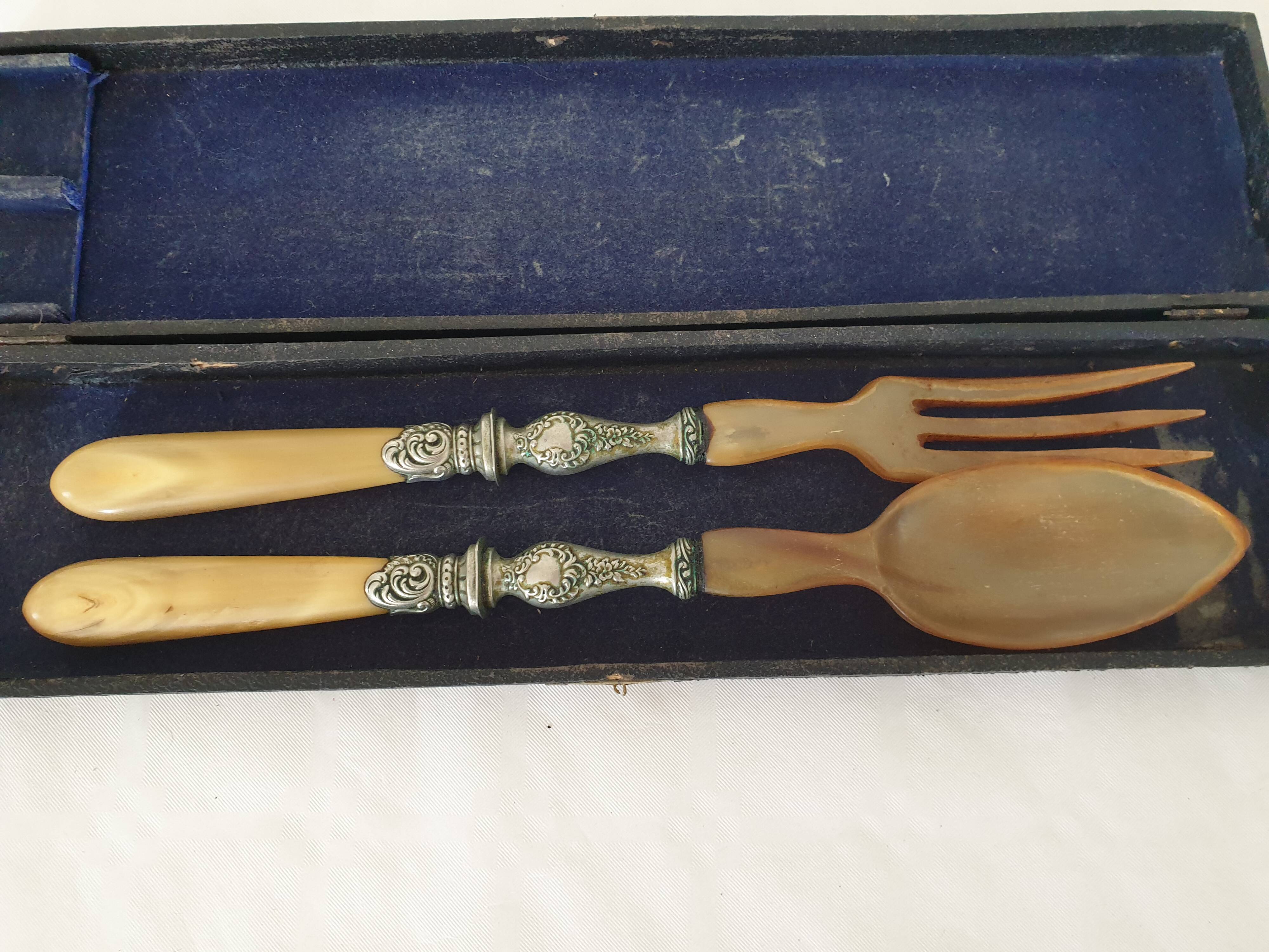 Old horn + silver-plated metal salad servers in their case