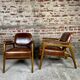 Scandinavian style armchairs (pair) in rubberwood and leather